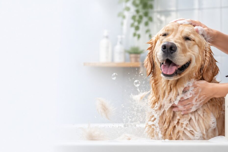 “A bright, modern blog header showing a happy golden retriever being bathed with deshedding shampoo, loose fur washing away in bubbles, clean and fresh grooming setting, soft natural lighting, professional pet care aesthetic, minimal design with space for text on one side, 169